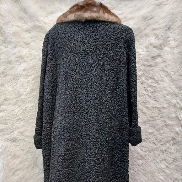 Vintage Malesi Furs Women's Black Luxury Curly Lamb Fur Coat Brown Mink Collar L - Picture 2 of 15